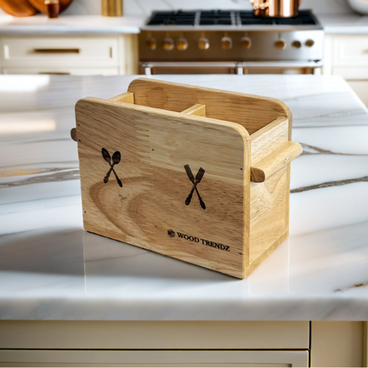 Wooden Cutlery Holder – Solid Rubberwood 2-Compartment Organizer