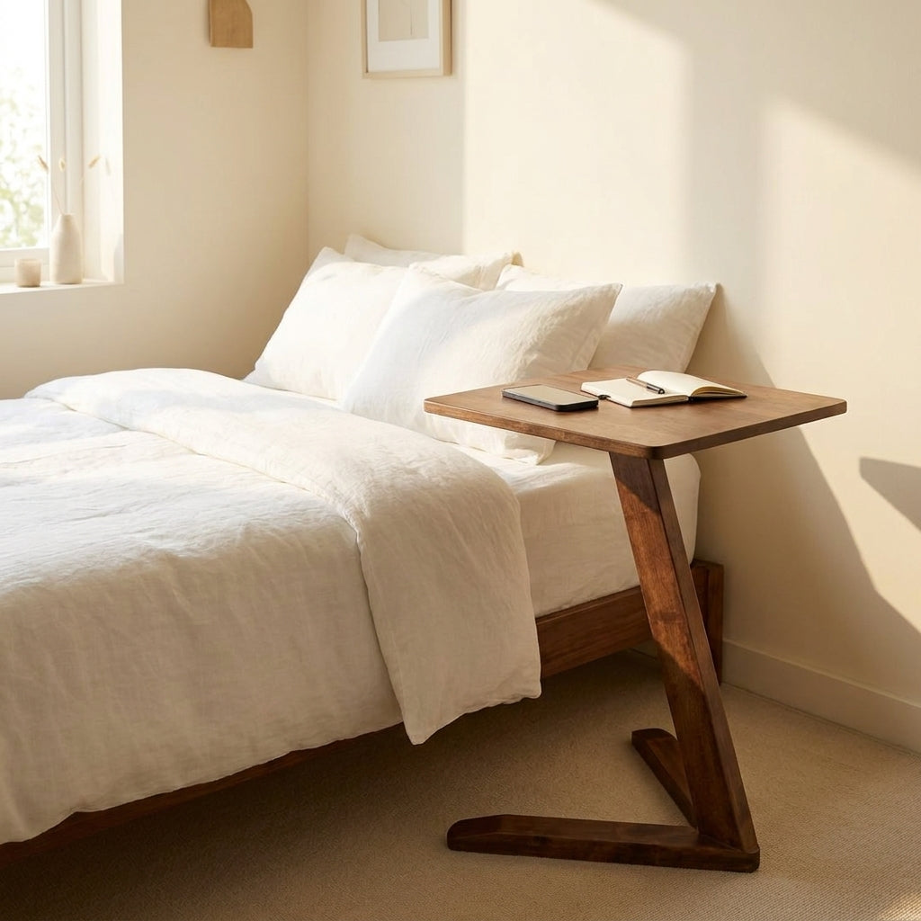 Solid Rubberwood Mini End Table beside a bed in a WFH bedroom setup, solid rubberwood | WoodTrendz