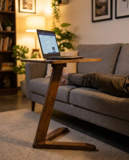 Solid Rubberwood Mini End Table used as a laptop stand beside a couch, solid rubberwood | WoodTrendz