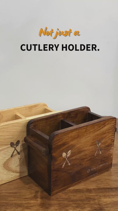 Wooden Cutlery Holder – Solid Rubberwood 2-Compartment Organizer